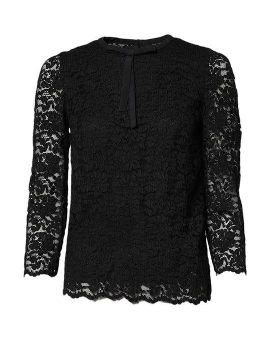 Top Dolce & Gabbana de encaje negro con cuello redondo y manga larga para PERSONAL