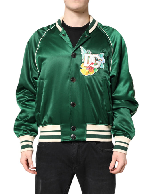 Chaqueta Bomber Dolce & Gabbana Verde Floral con Logotipo DG y Cremallera Completa