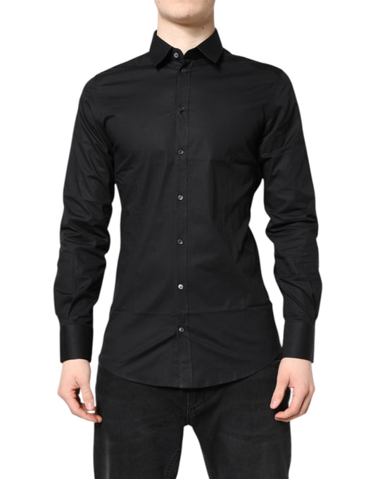 Dolce & Gabbana Camisa de vestir de manga larga de algodón negra DORADA