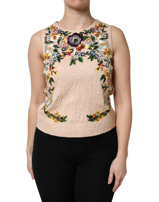 Top sin mangas con bordado floral beige de Dolce & Gabbana