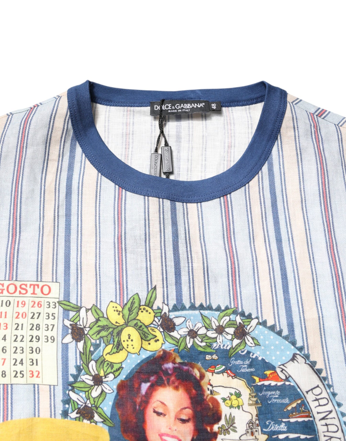 Camiseta Dolce & Gabbana de lino con cuello redondo y estampado de rayas multicolor Pin Up