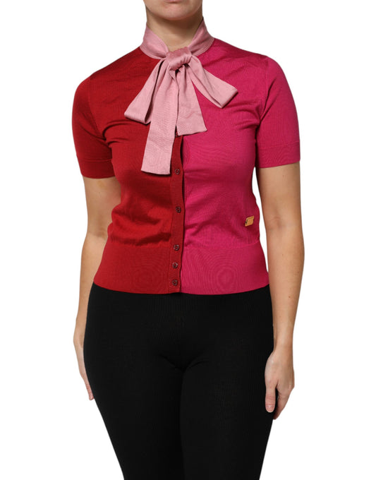 Top de manga corta rosa con cuello Ascot abotonado de Dolce & Gabbana