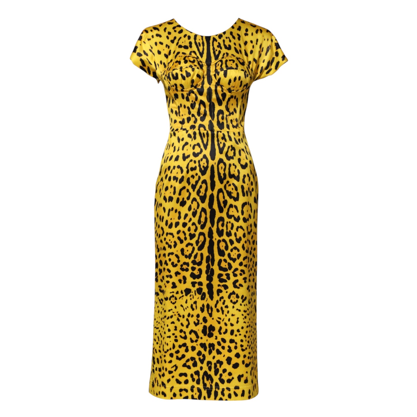Vestido midi ajustado de poliéster amarillo con estampado de leopardo de Dolce & Gabbana