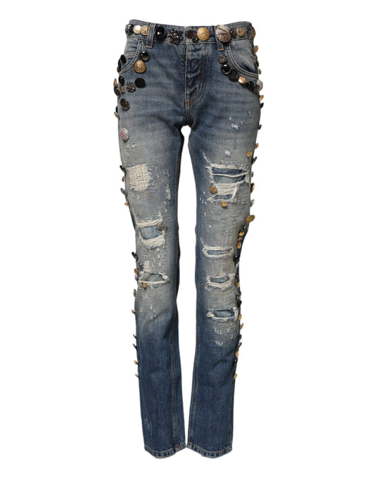 Vaqueros ajustados de mezclilla de Dolce & Gabbana azules adornados y desgastados