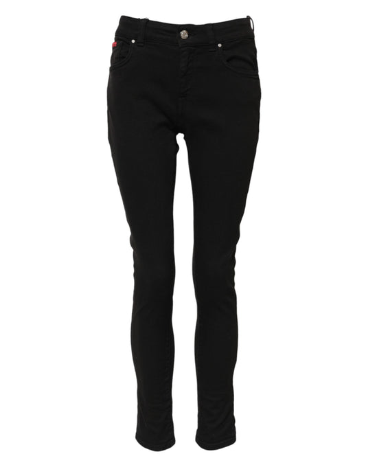 Jeans de mezclilla ajustados de tiro medio con logo de algodón negro Dolce & Gabbana