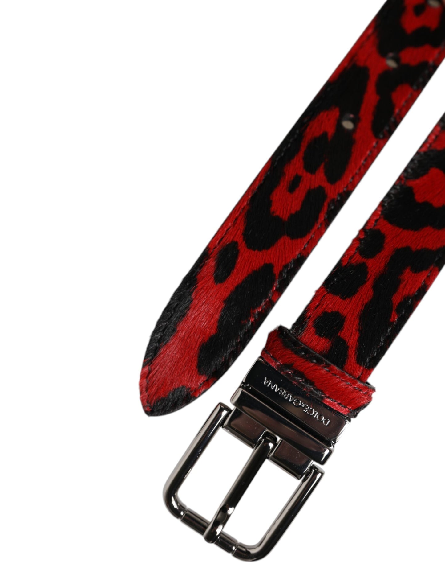 Cinturón con hebilla metálica plateada de leopardo rojo y negro de Dolce & Gabbana