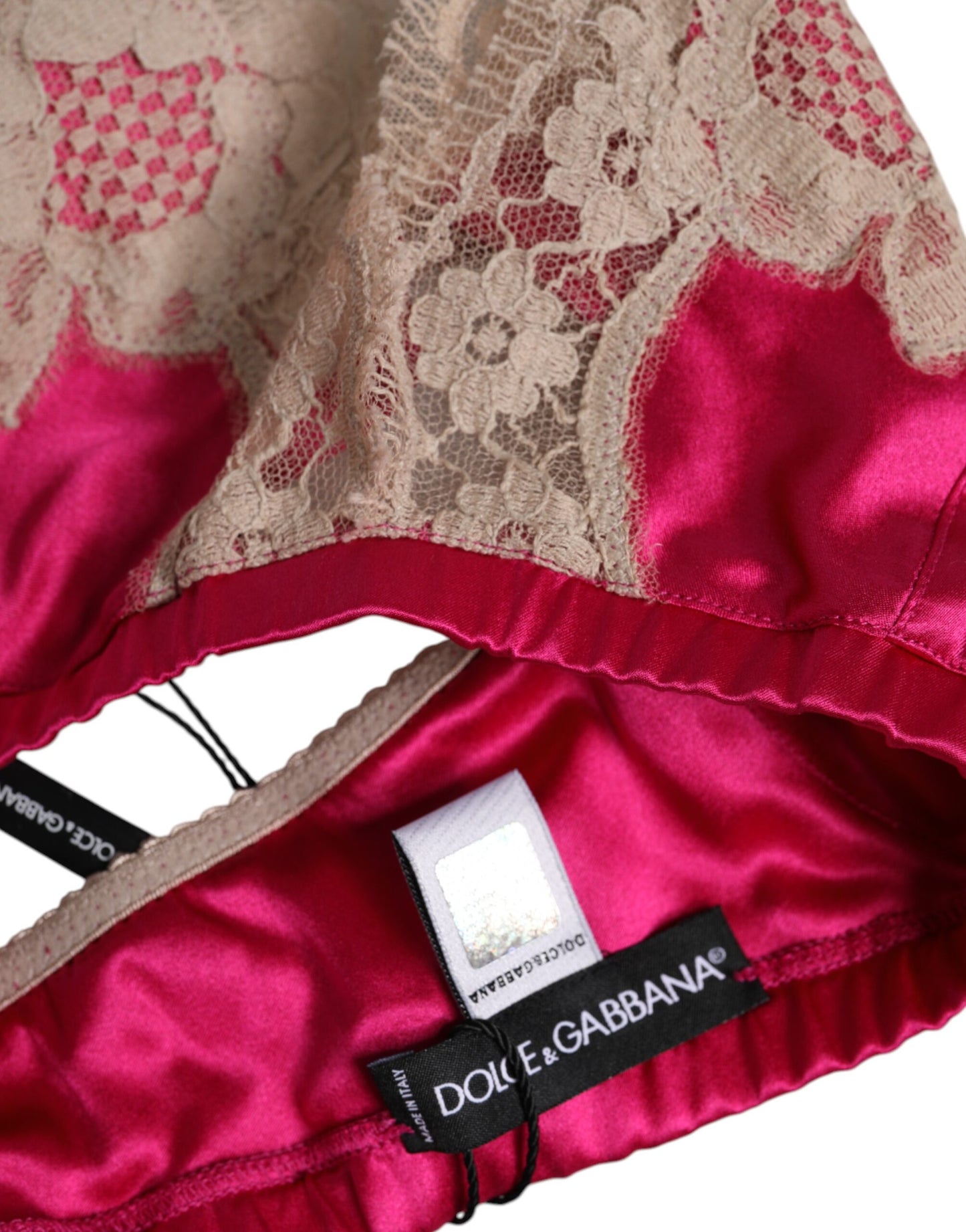 Sujetador sin aros de seda con encaje floral magenta Dolce & Gabbana