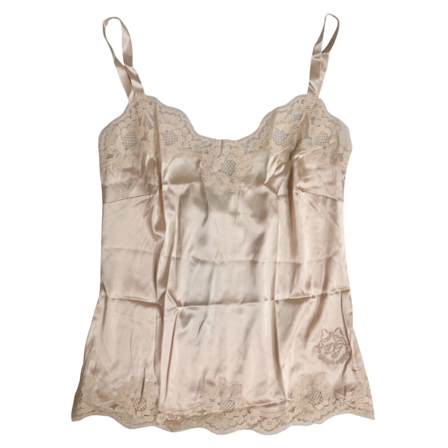 Dolce & Gabbana Camiseta de tirantes de seda y satén de encaje beige Ropa interior