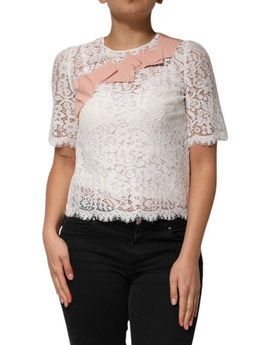 Dolce & Gabbana Blusa de encaje floral blanco de manga corta