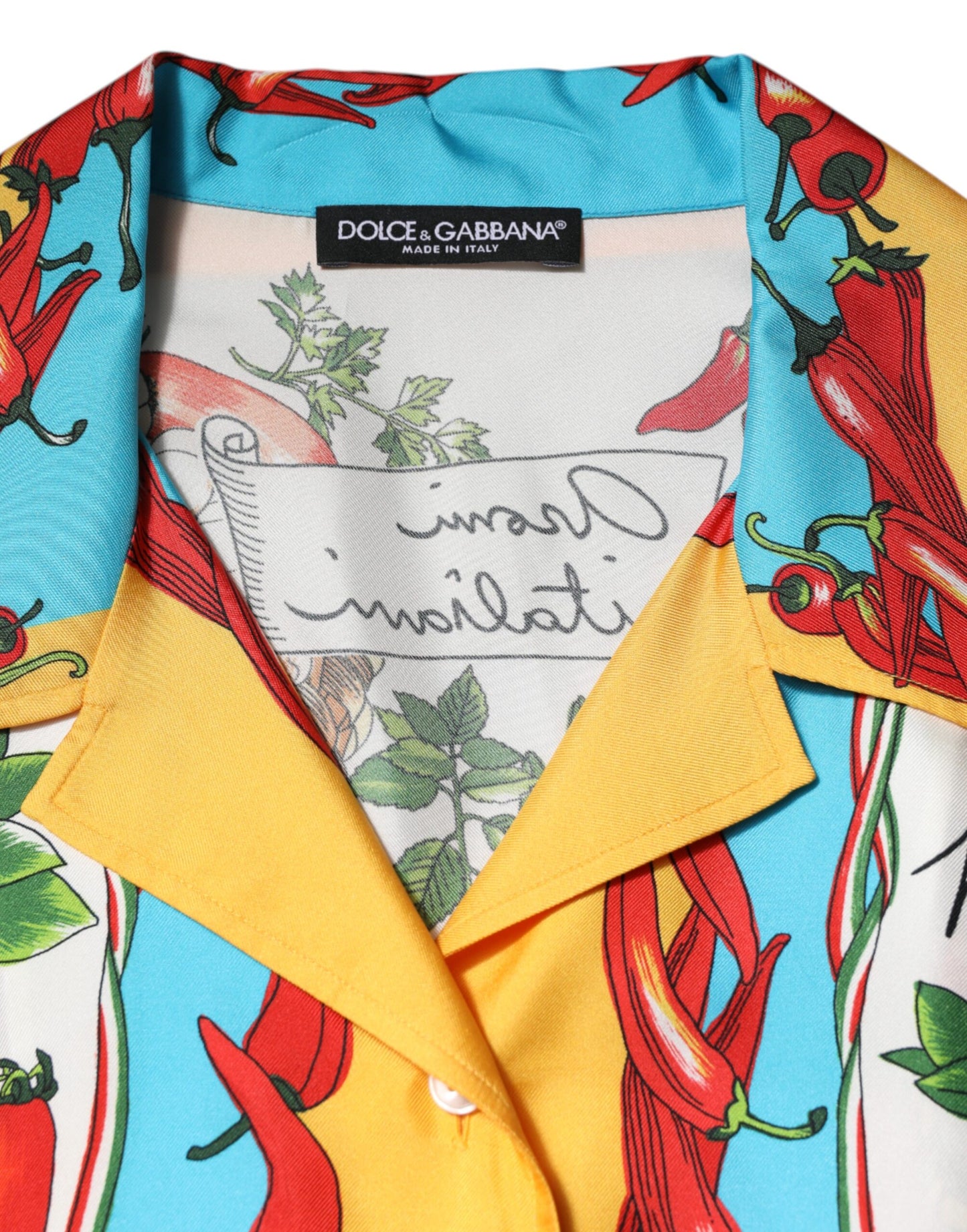 Top blusa corta de seda multicolor con motivo de chiles de Dolce & Gabbana