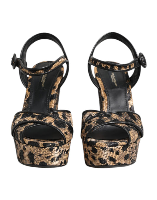Sandalias de cuña Dolce & Gabbana marrones con estampado de leopardo y tira al tobillo