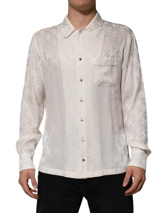 Camisa de manga larga de seda blanca con estampado de logo DG de Dolce & Gabbana