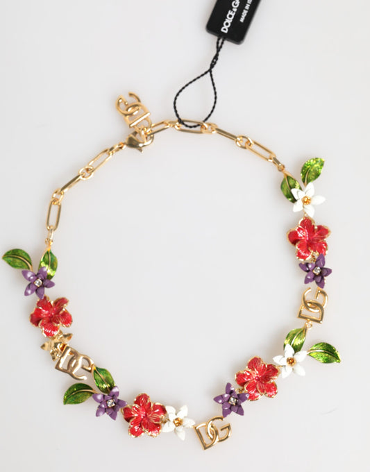 Collar de bisutería Dolce & Gabbana de latón dorado con logotipo y detalles florales