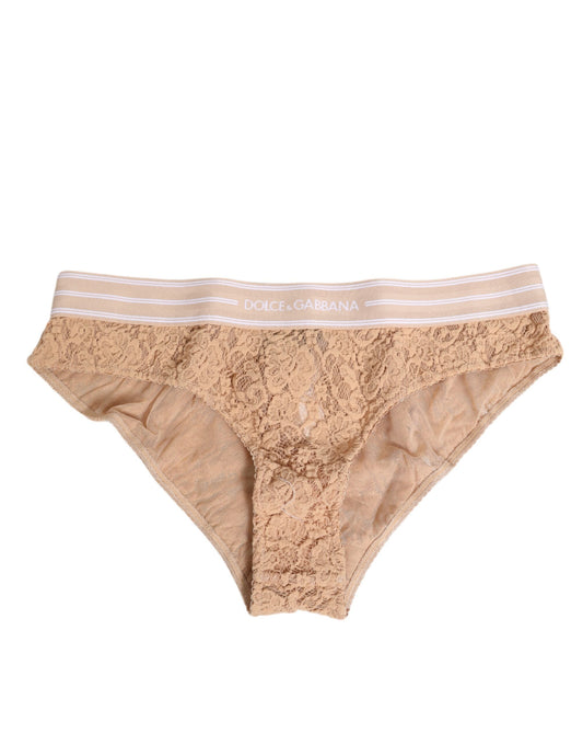 Dolce & Gabbana Bragas Brasileñas de Encaje Beige con Logotipo en la Cintura Ropa Interior