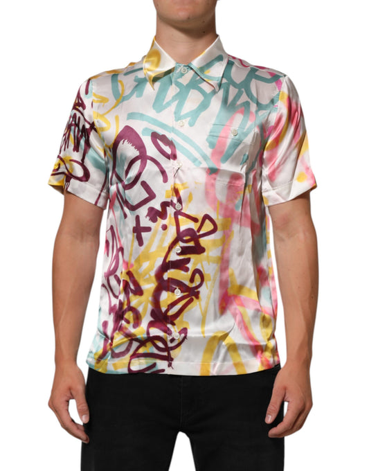 Camisa informal de hombre Dolce & Gabbana de seda blanca con estampado hawaiano de grafiti