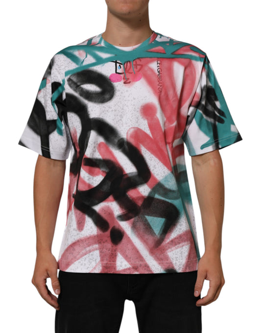 Camiseta de manga corta con cuello redondo y estampado grafiti de Dolce & Gabbana en blanco