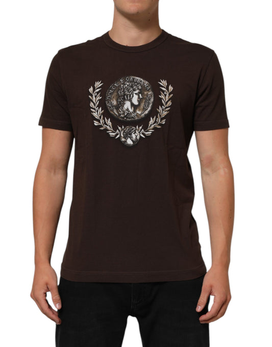 Dolce & Gabbana Camiseta de Hombre con Cuello Redondo y Estampado de Monedas Laurel Marrón