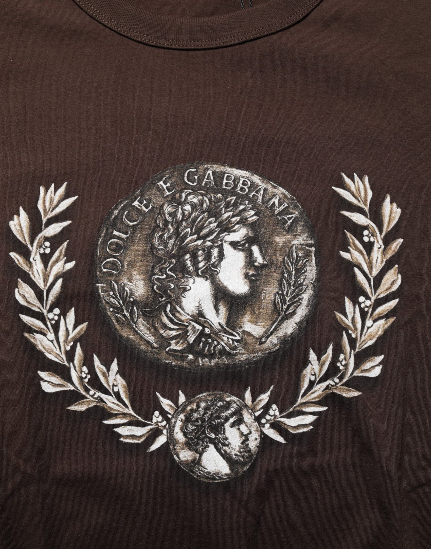 Dolce & Gabbana Camiseta de Hombre con Cuello Redondo y Estampado de Monedas Laurel Marrón