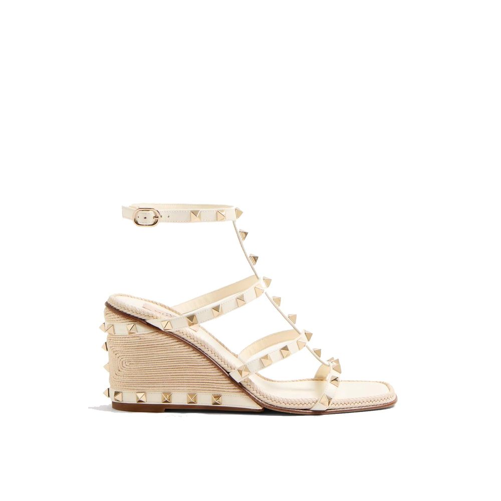 Sandalias De Cuña De Piel De Becerro Beige Valentino Garavani