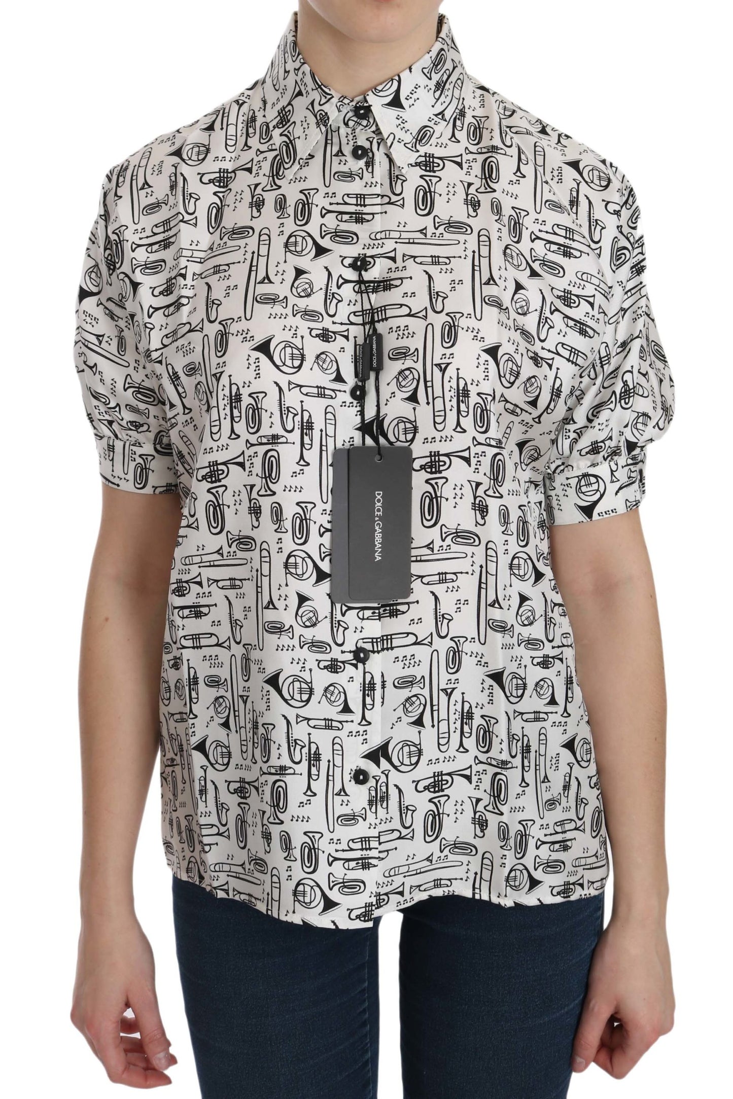 Camisa con cuello de Dolce & Gabbana blanca con estampado de instrumentos musicales