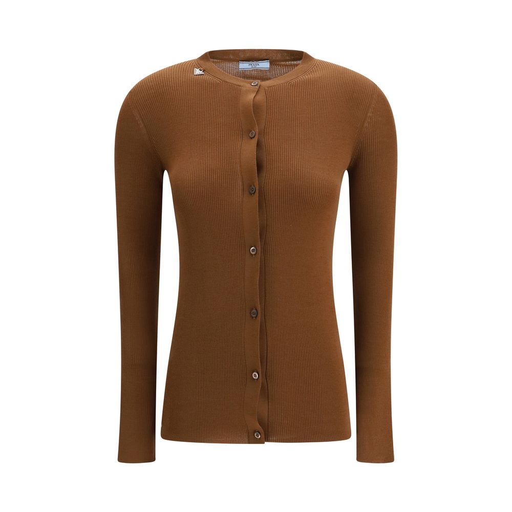 Cardigan Prada en Laine Marron Coupe Ajustée Finition Côtelée