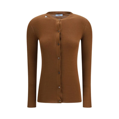 Cardigan Prada en Laine Marron Coupe Ajustée Finition Côtelée