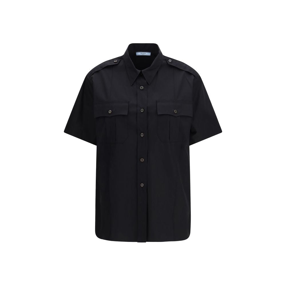 Chemise en popeline de coton stretch noire à col classique Prada