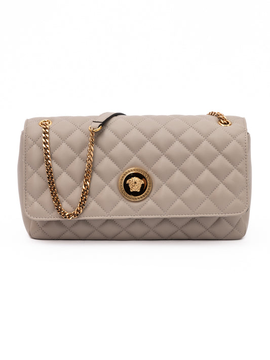 Bolso con correa de hombro de cuero acolchado color visón de Versace
