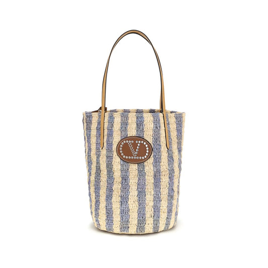 Bolso cubo de rafia azul Valentino Garavani