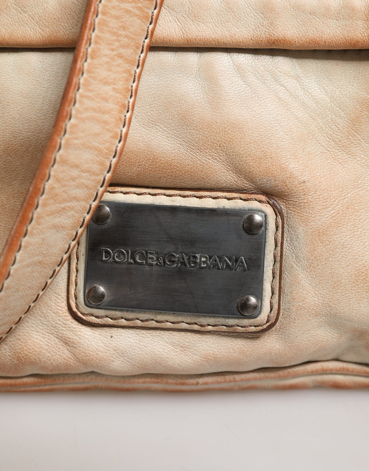 Dolce & Gabbana Beige Vintage Leather Logo Plaque Shoulder Bag Men's Bag