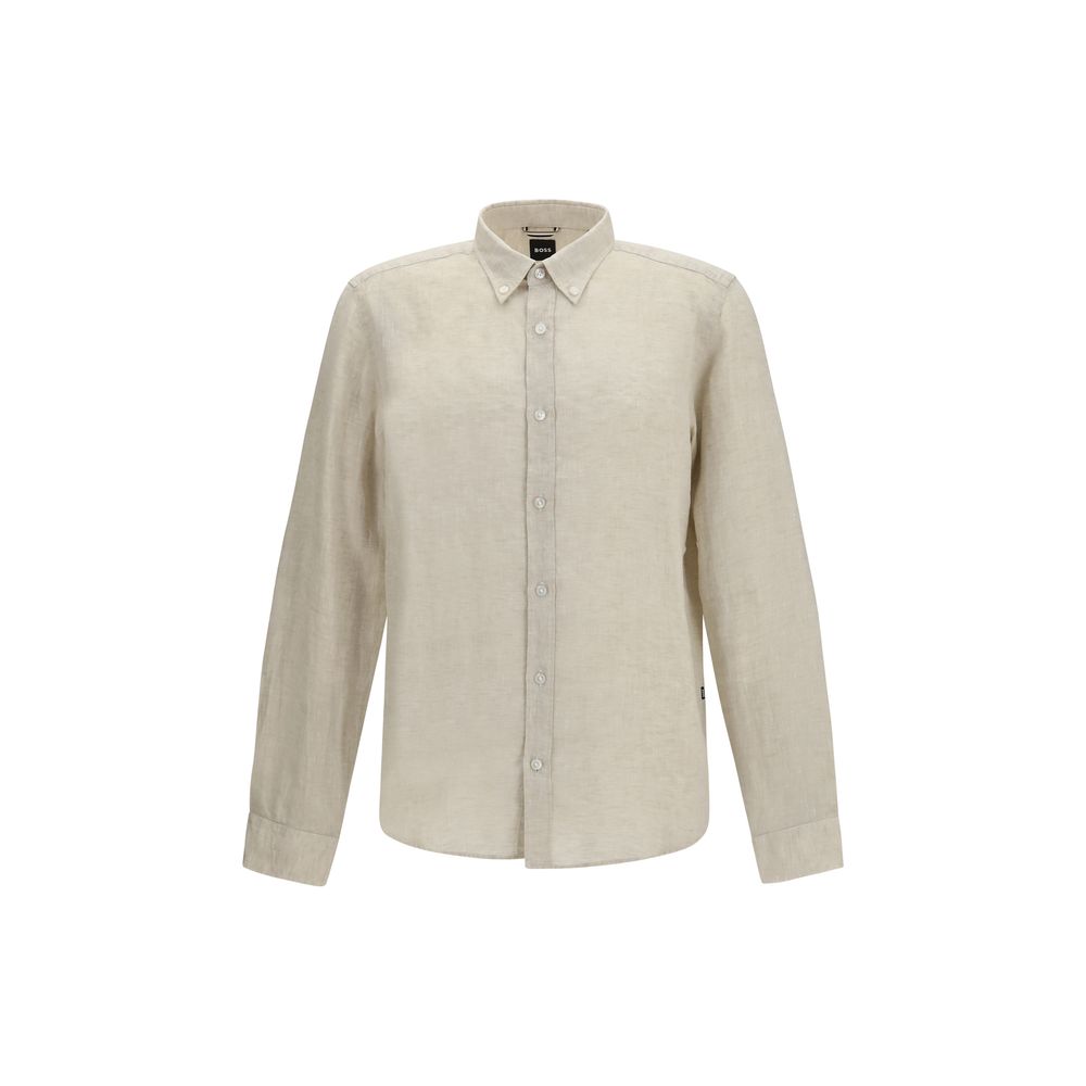 Chemise droite en lin beige Hugo Boss