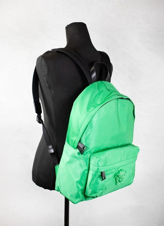 Mochila Medusa Versace grande de nailon verde brillante con correa al hombro