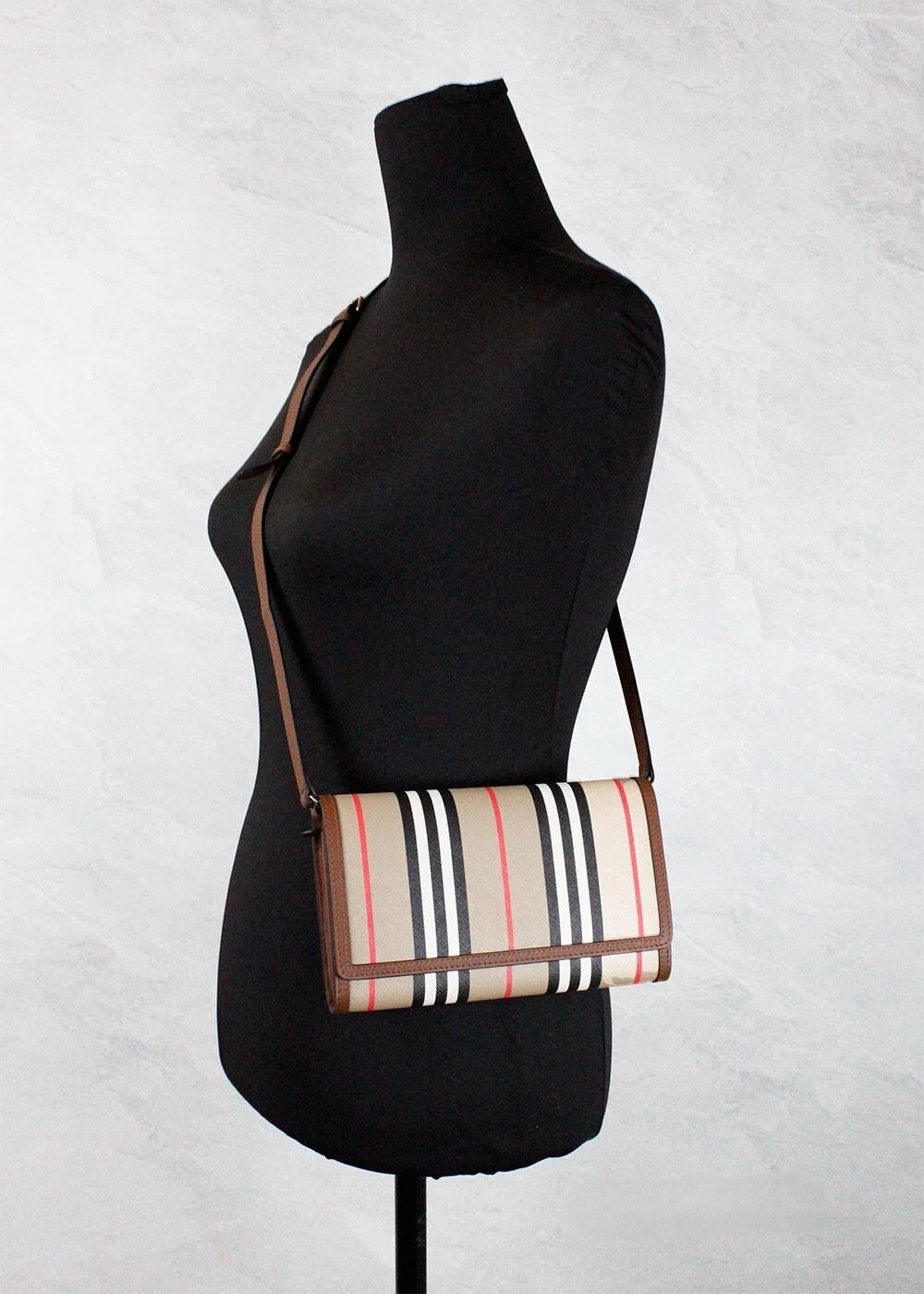 Burberry Hannah Icon Stripe Archive Tan E-canvas Wallet with Shoulder Strap