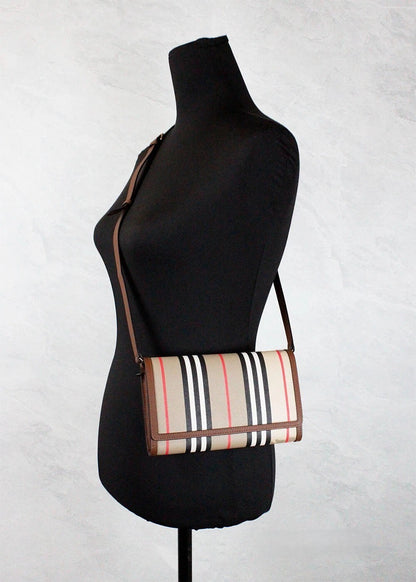 Burberry Hannah Icon Stripe Archive Tan E-canvas Wallet with Shoulder Strap