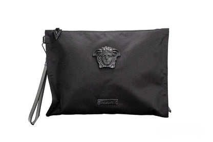 Bolso de mano/muñequera convertible Medusa grande de tela de nylon negra Versace