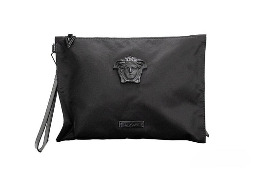Bolso de mano/muñequera convertible Medusa grande de tela de nylon negra Versace