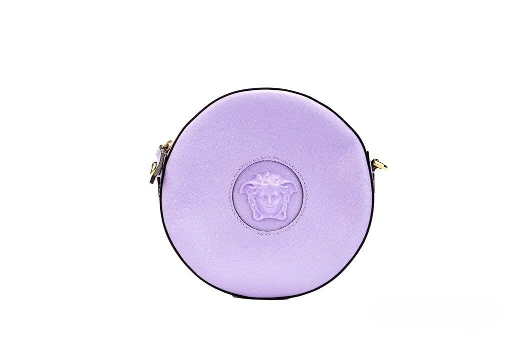 Versace Round Disco Crossbody Bag in Lilac Grained Leather