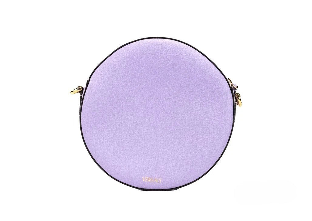 Versace Round Disco Crossbody Bag in Lilac Grained Leather