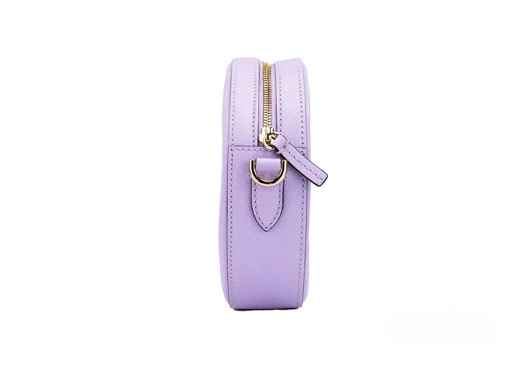 Versace Round Disco Crossbody Bag in Lilac Grained Leather