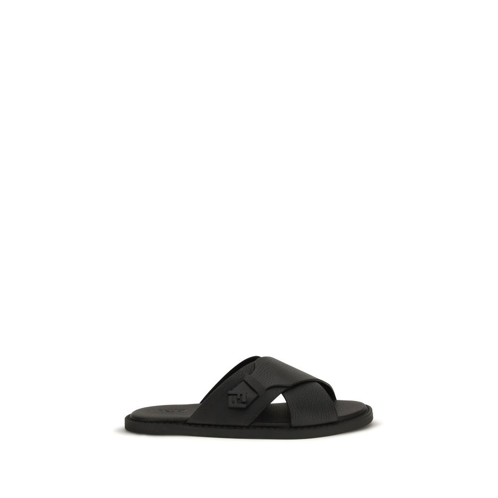 Fendi Flat Sandals In Black Bos Taurus Calfskin