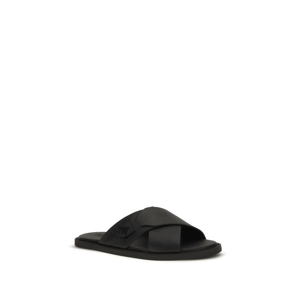 Fendi Flat Sandals In Black Bos Taurus Calfskin