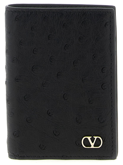 Étui à cartes en peau d'autruche noire Valentino Garavani