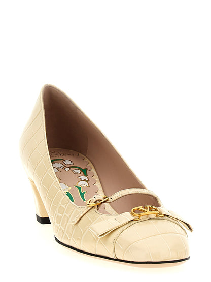 Valentino Garavani Bowow White Crocodile-Effect Leather Mid-Heel Pumps