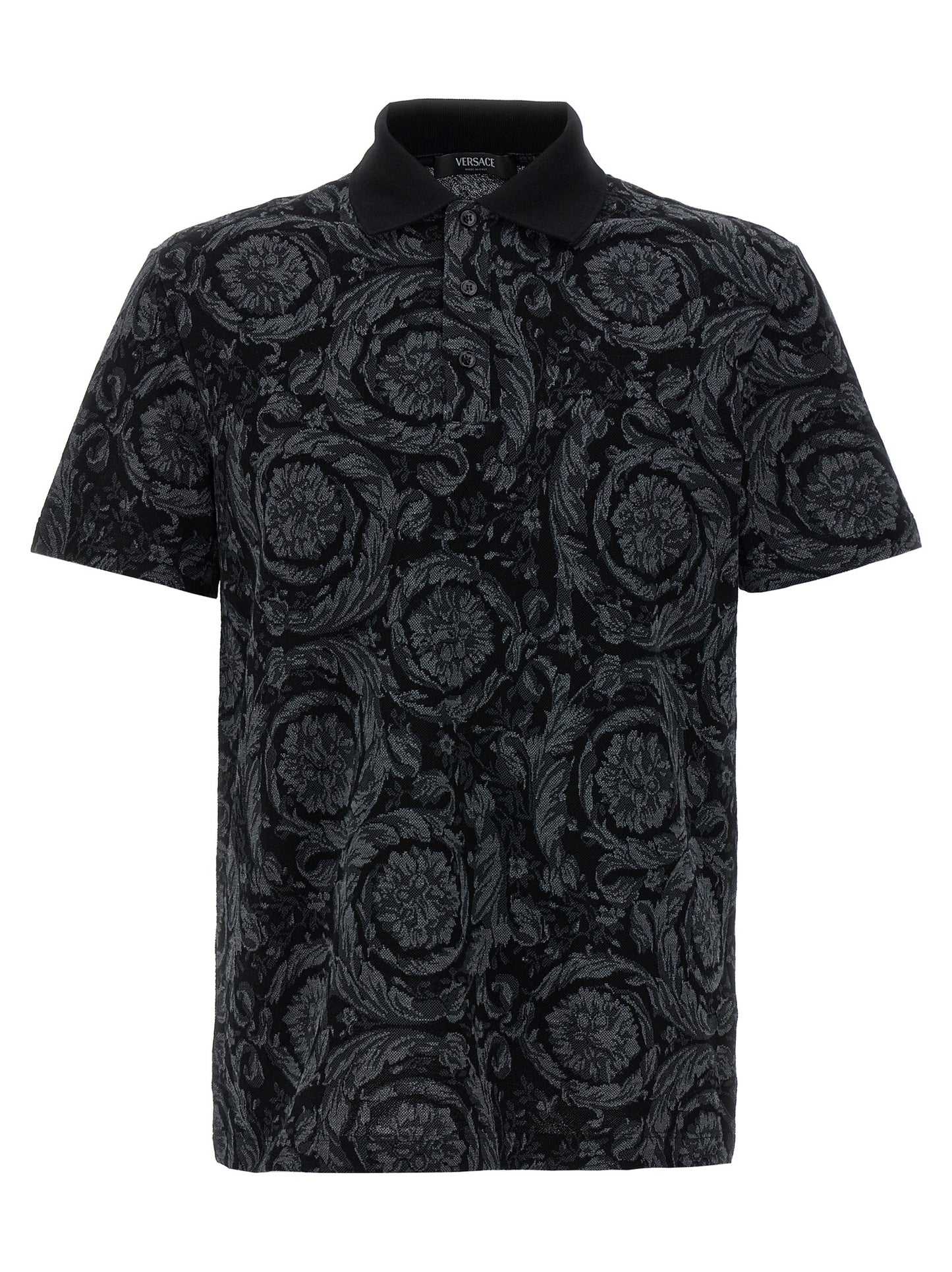 Versace Gray Cotton Polo Shirt with Baroque Jacquard Finish