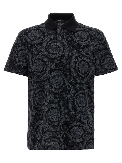 Versace Gray Cotton Polo Shirt with Baroque Jacquard Finish