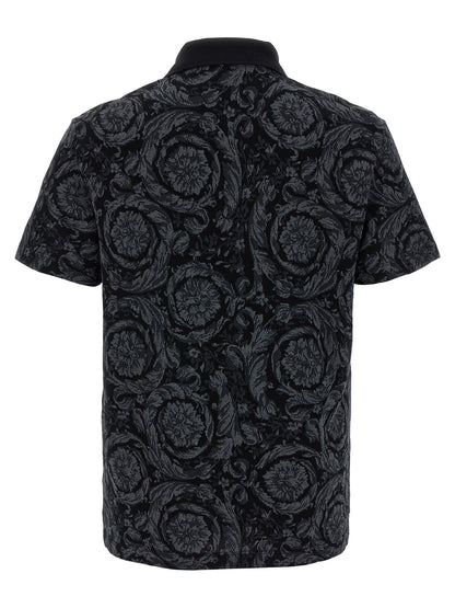 Versace Gray Cotton Polo Shirt with Baroque Jacquard Finish