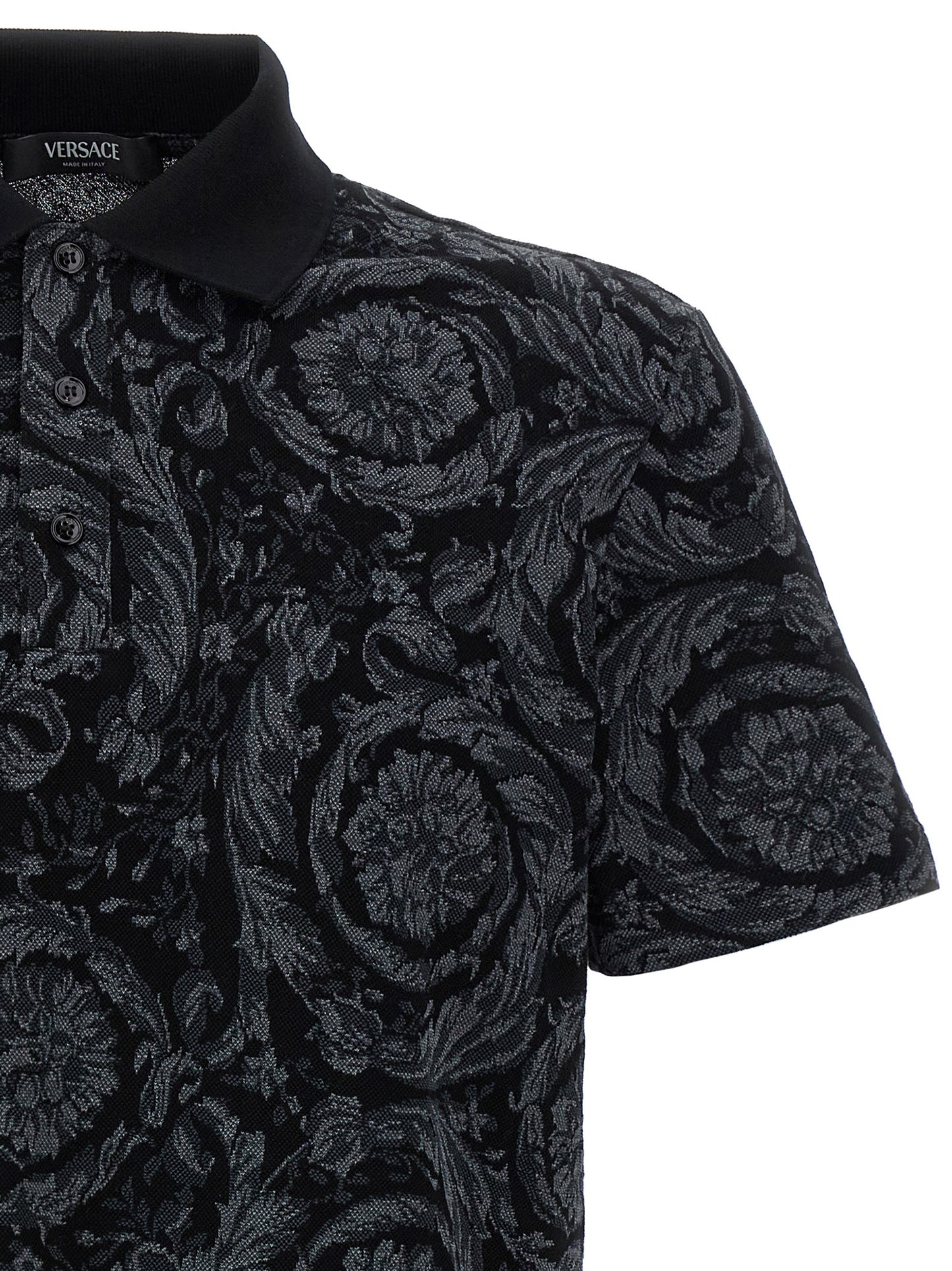 Versace Gray Cotton Polo Shirt with Baroque Jacquard Finish