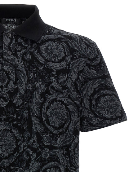 Versace Gray Cotton Polo Shirt with Baroque Jacquard Finish