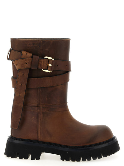 Moschino Botas Altas de Terciopelo Marrón y Cuero