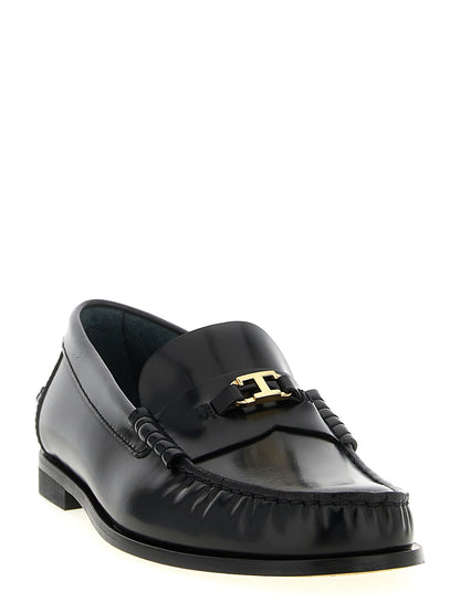 Tod's Black Calfskin T Timeless Slip-On Loafers